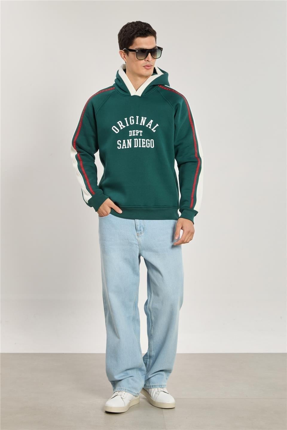 Biyeli garnilii kapüşonlu sweatshirt-1157 - Yeşil/Ekru