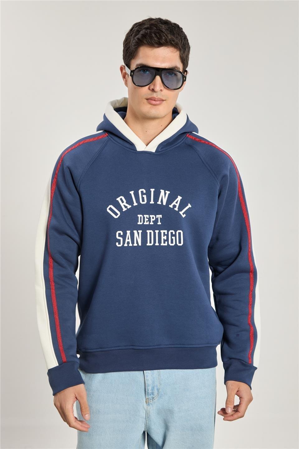 Biyeli garnilii kapüşonlu sweatshirt-1157 - Lacivert/Ekru