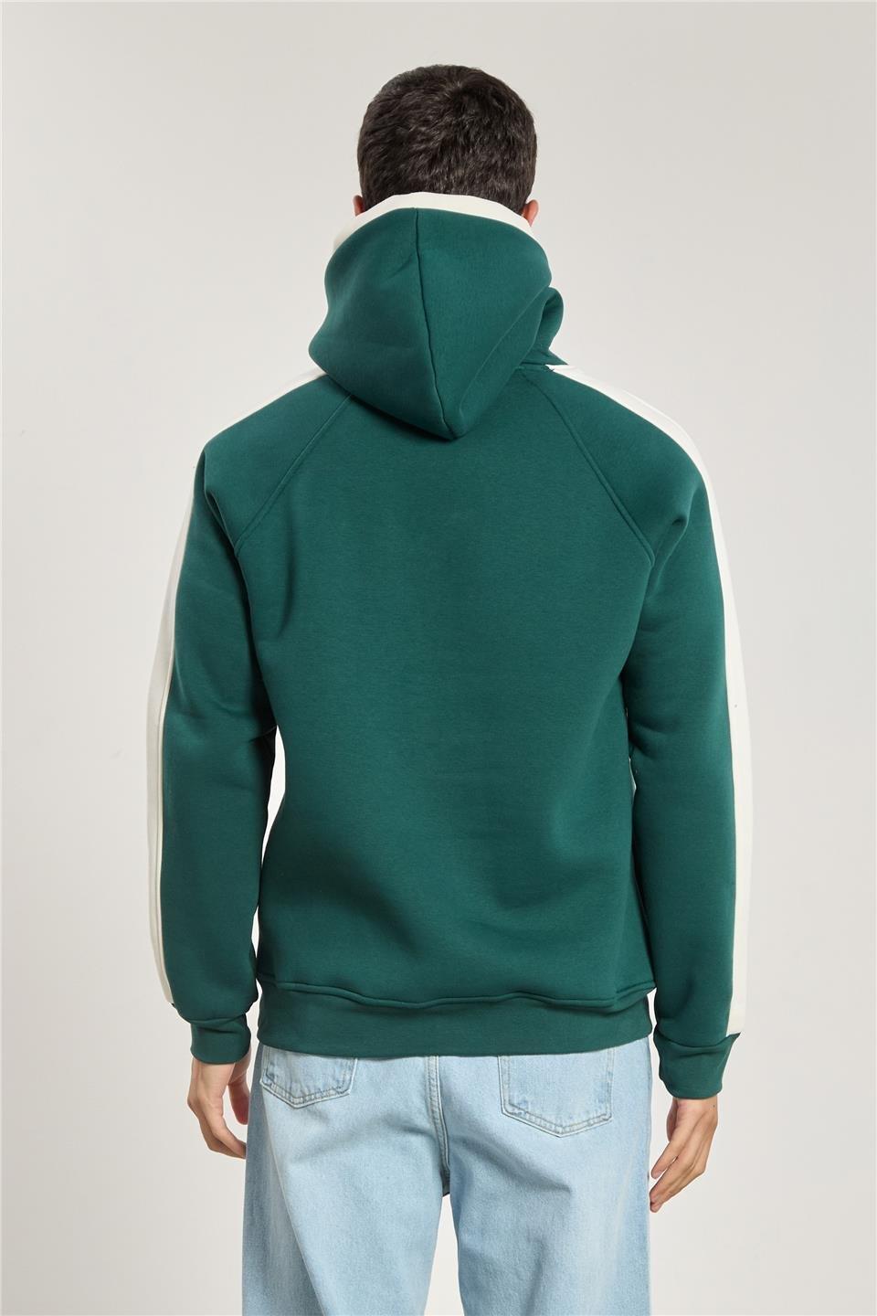 Biyeli garnilii kapüşonlu sweatshirt-1157 - Yeşil/Ekru