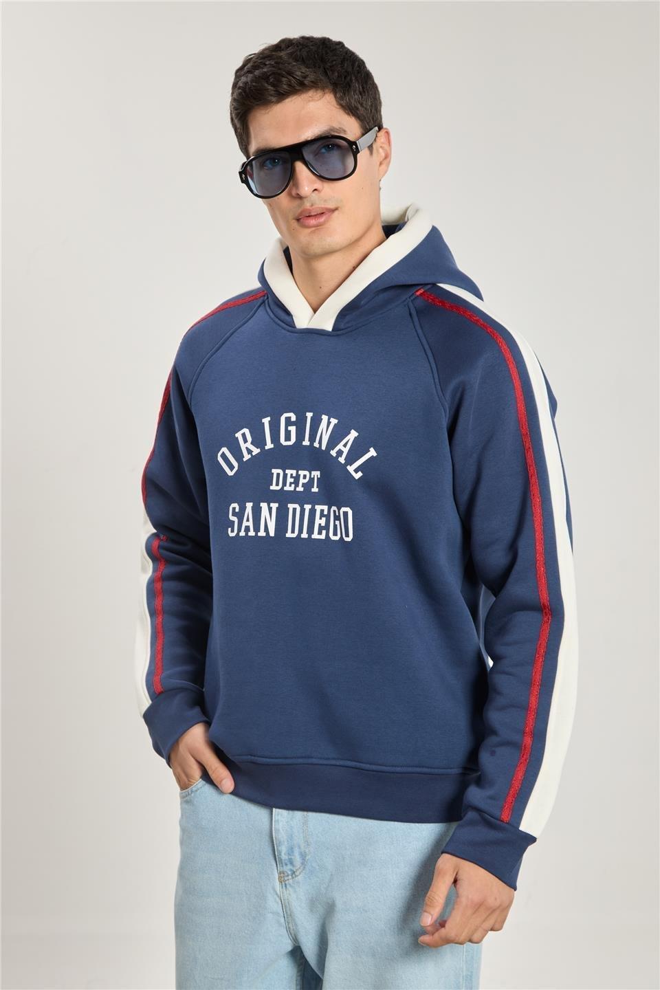 Biyeli garnilii kapüşonlu sweatshirt-1157 - Lacivert/Ekru