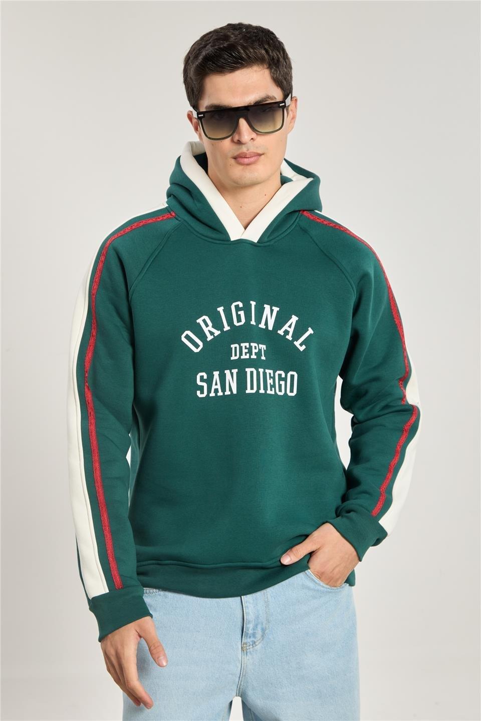 Biyeli garnilii kapüşonlu sweatshirt-1157 - Yeşil/Ekru