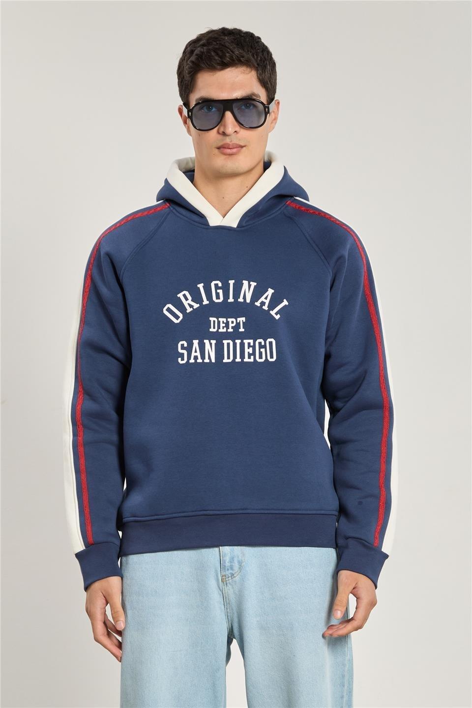 Biyeli garnilii kapüşonlu sweatshirt-1157 - Lacivert/Ekru