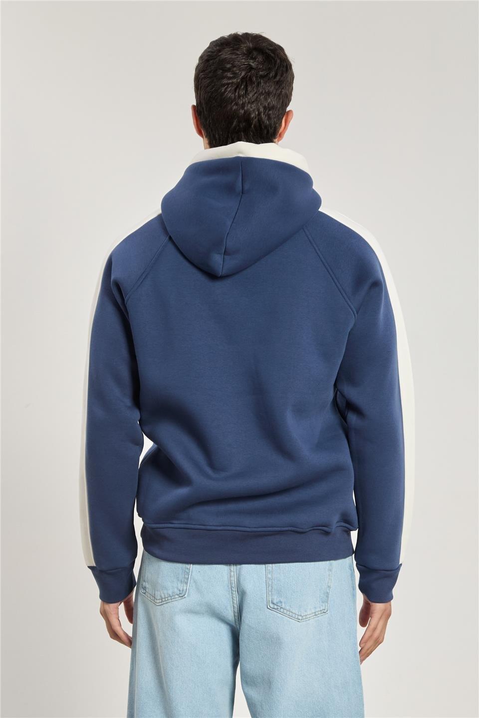 Biyeli garnilii kapüşonlu sweatshirt-1157 - Lacivert/Ekru