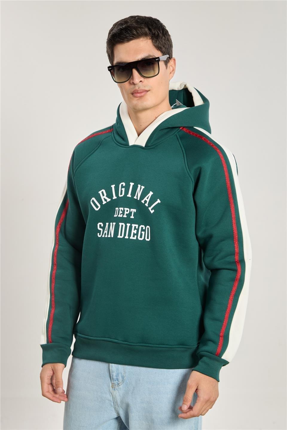 Biyeli garnilii kapüşonlu sweatshirt-1157 - Yeşil/Ekru