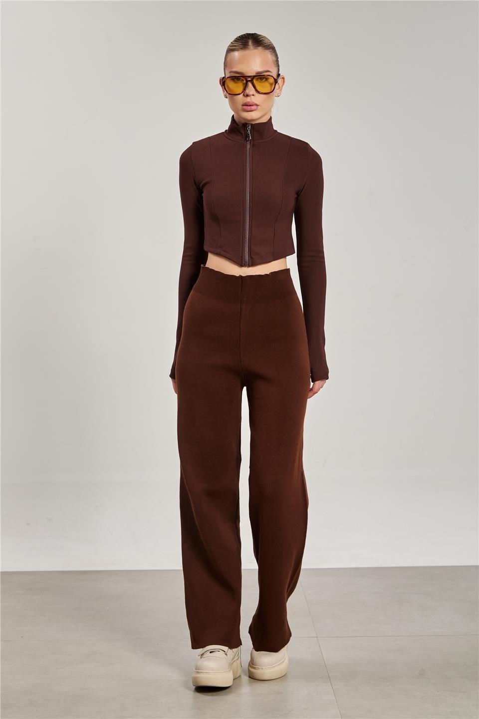 Bol paça triko pantolon-7191 - Kahve