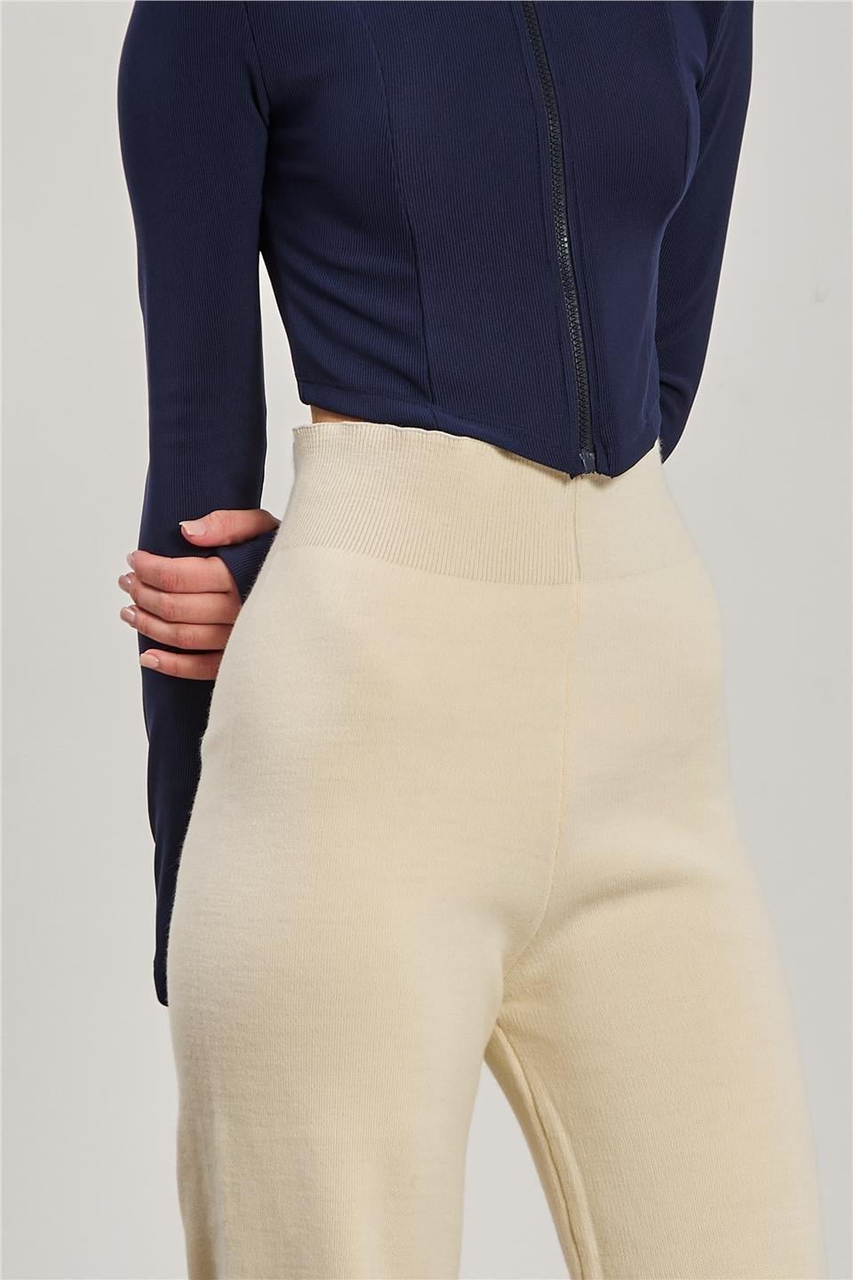 Bol paça triko pantolon-7191 - Taş