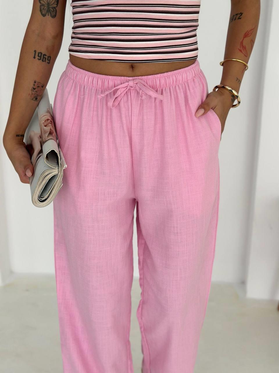 CEPLİ KETEN PANTOLON-2198 - PEMBE