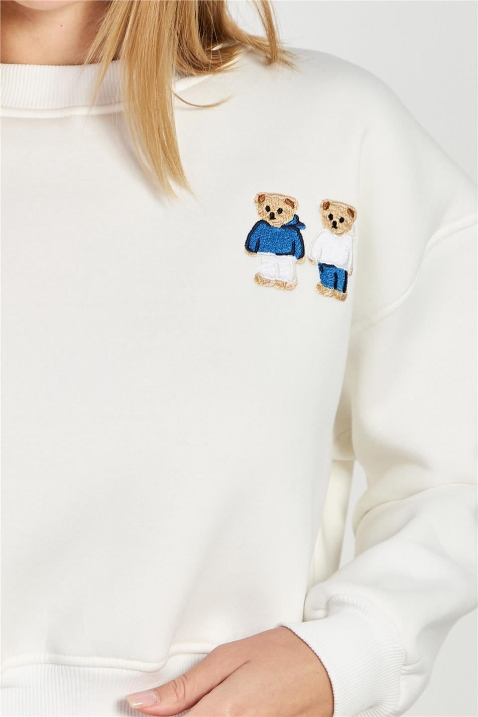Çift ayı baskılı kısa sweatshirt-10898 - Ekru