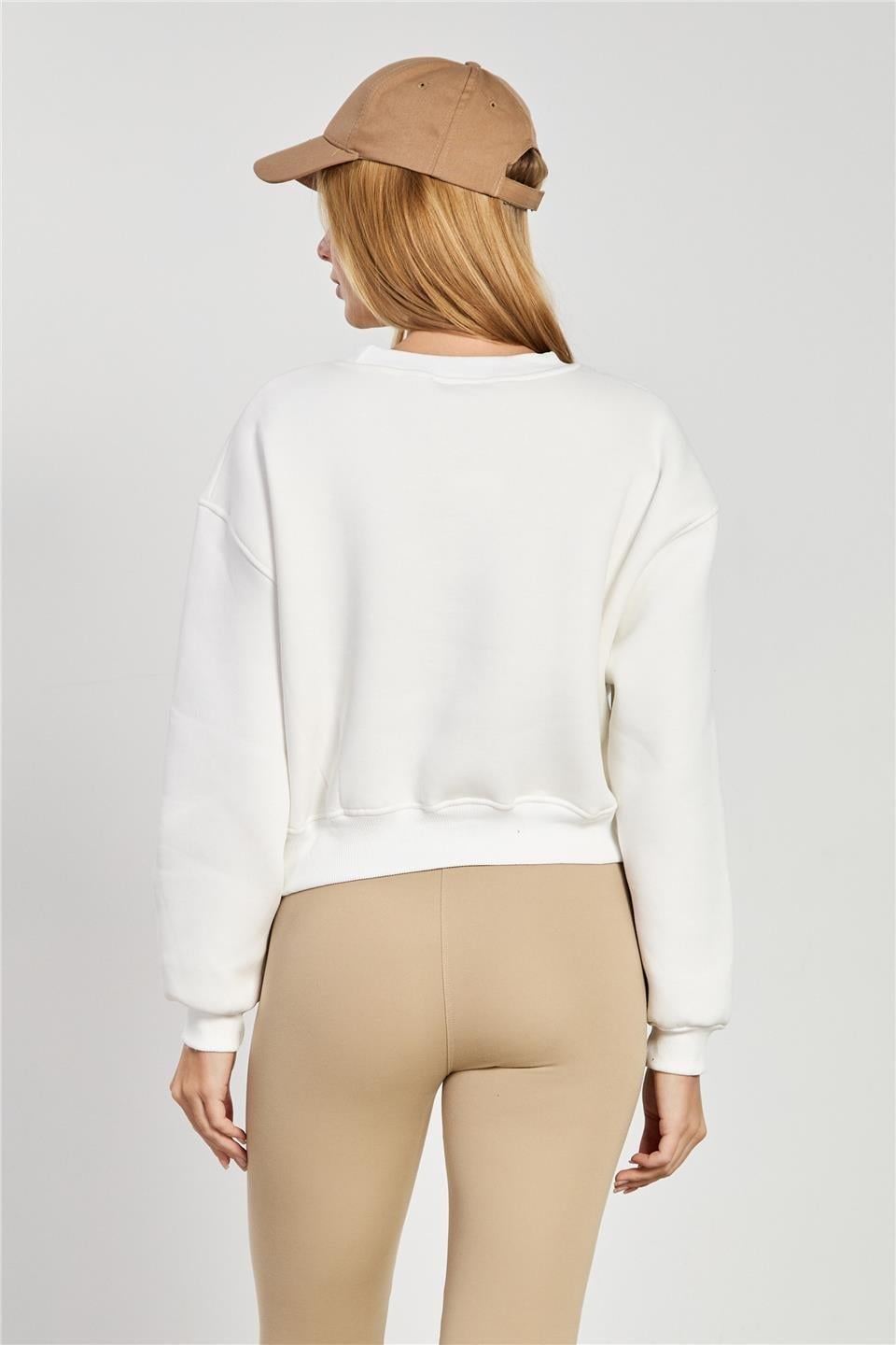 Çift ayı baskılı kısa sweatshirt-10898 - Ekru