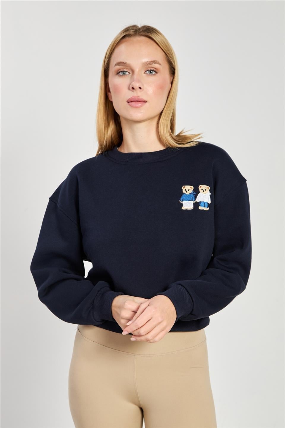 Çift ayı baskılı kısa sweatshirt-10898 - Lacivert