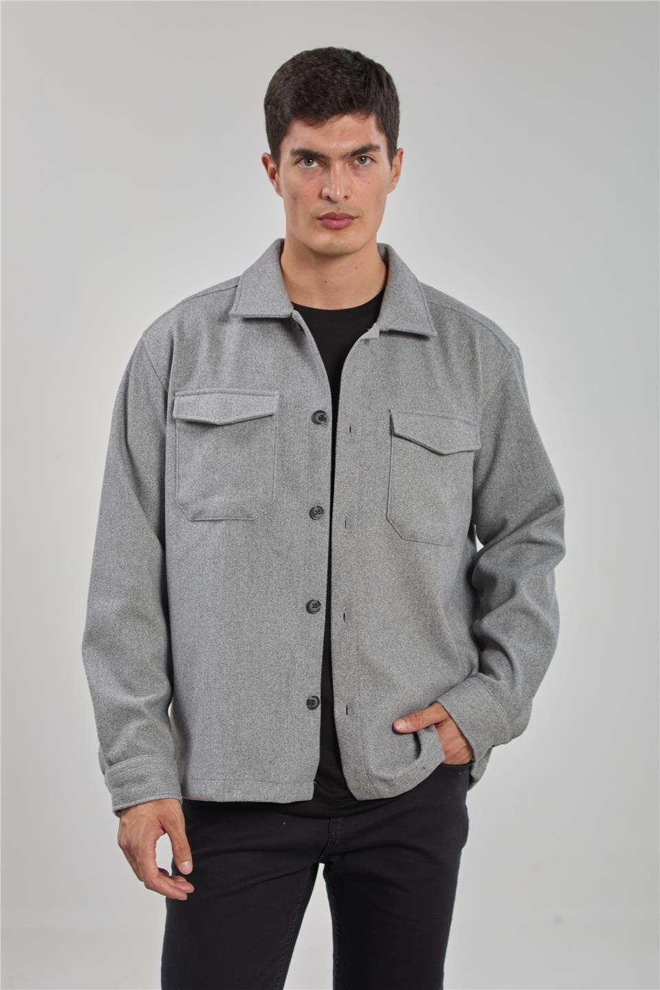 Çift cep kaşe ceket-1191 - Gri Melanj