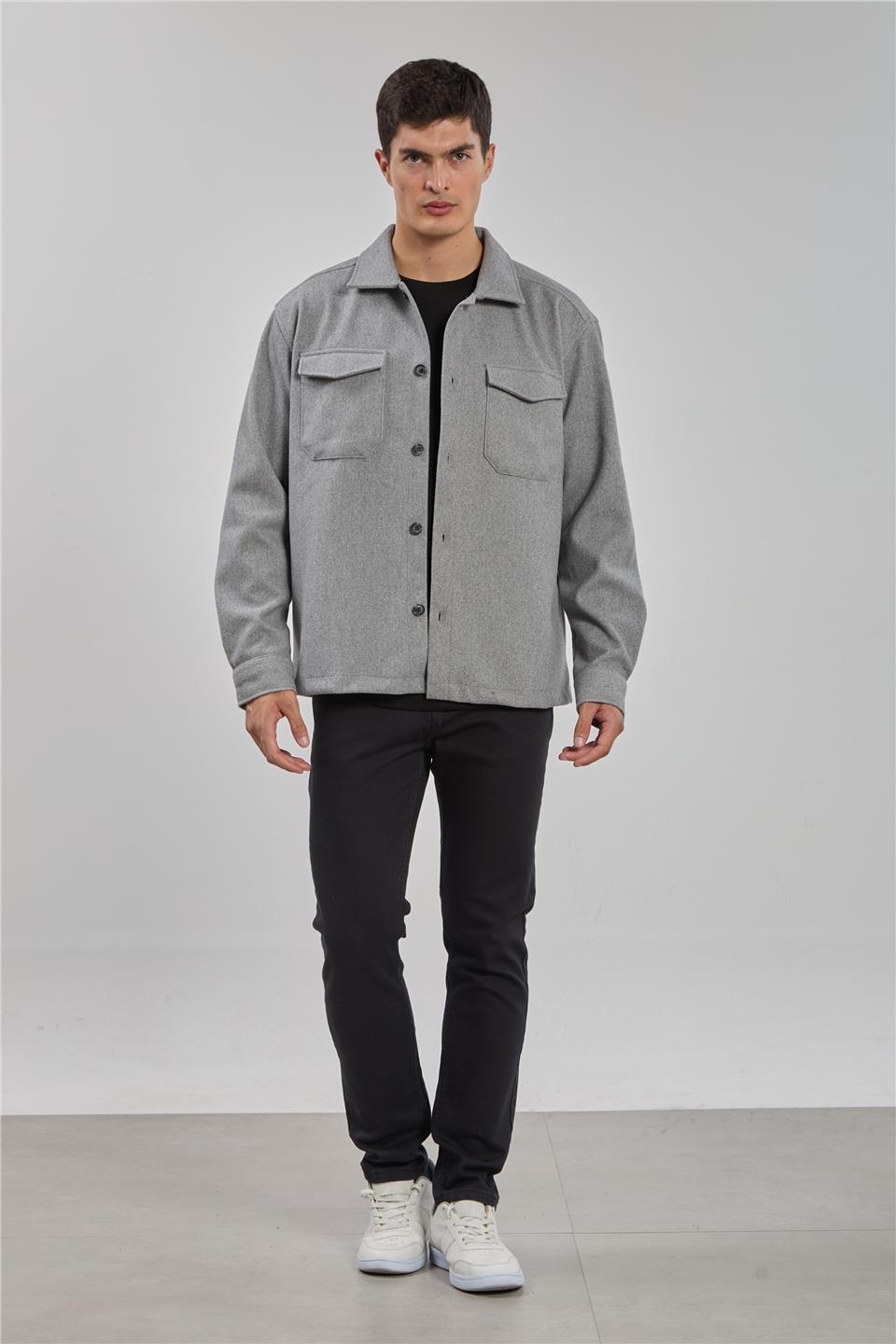 Çift cep kaşe ceket-1191 - Gri Melanj
