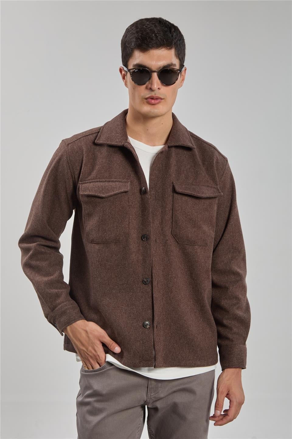 Çift cep kaşe ceket-1191 - Kahve
