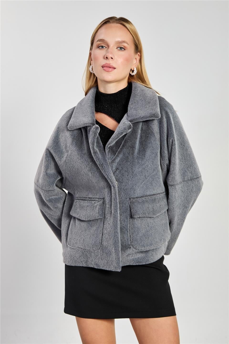 Çift cep oversize kısa kaşe ceket-2731 - Füme