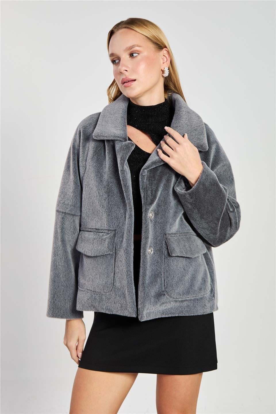 Çift cep oversize kısa kaşe ceket-2731 - Füme