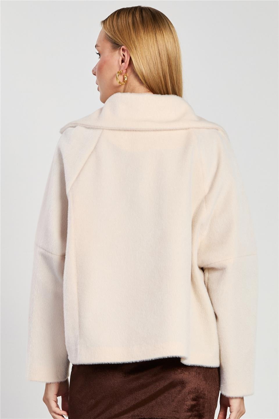 Çift cep oversize kısa kaşe ceket-2731 - Bej