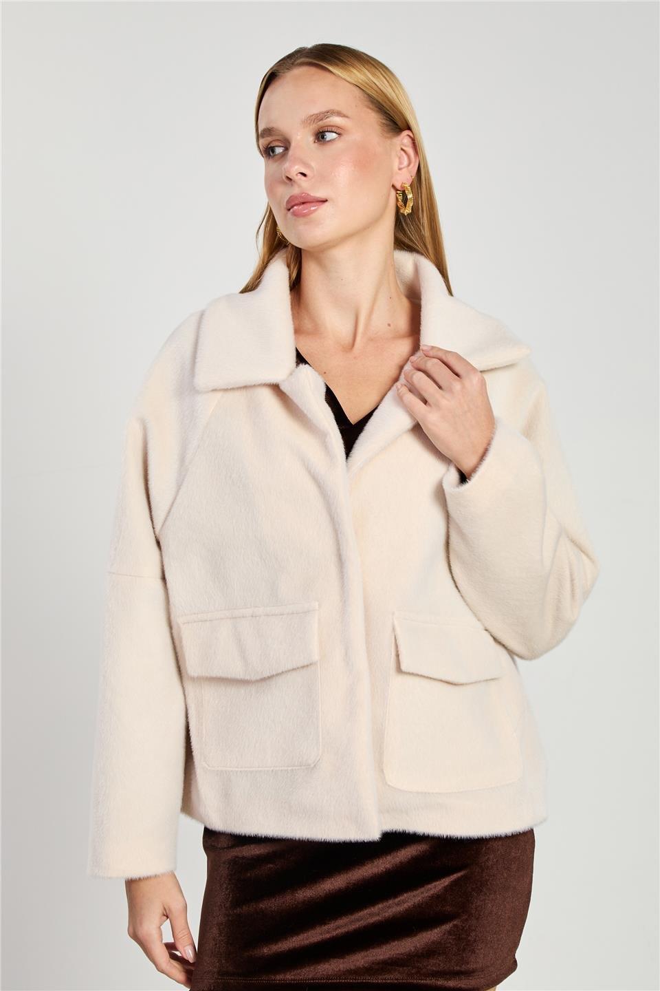 Çift cep oversize kısa kaşe ceket-2731 - Bej