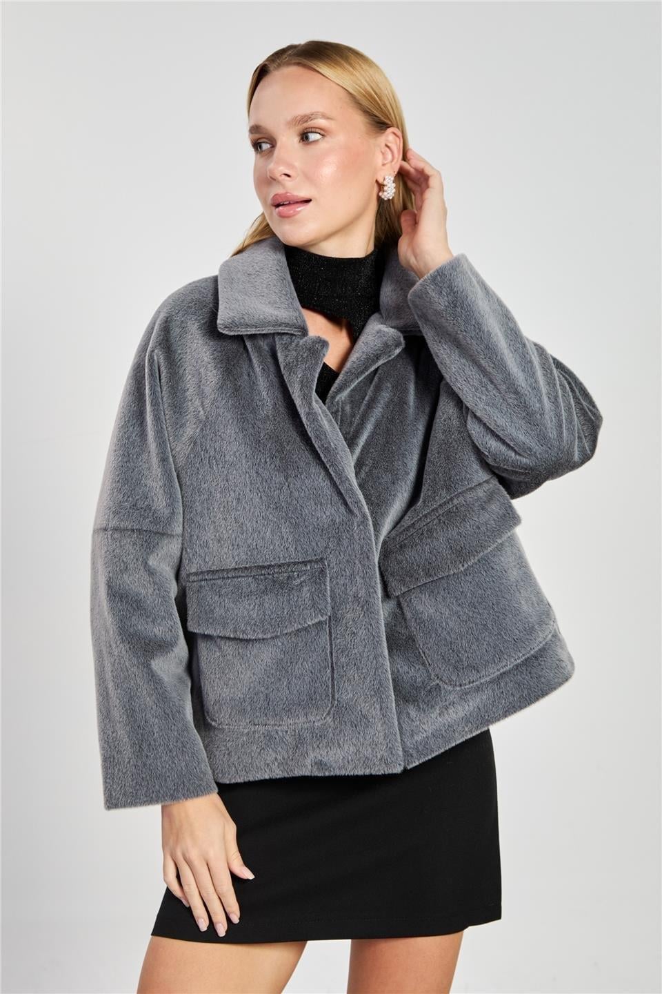 Çift cep oversize kısa kaşe ceket-2731 - Füme