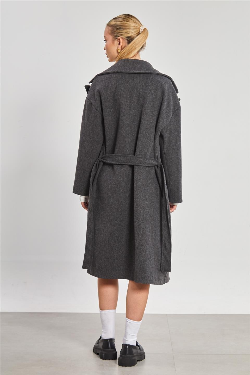 Çift düğmeli oversize kaşe kaban-2498 - Antrasit