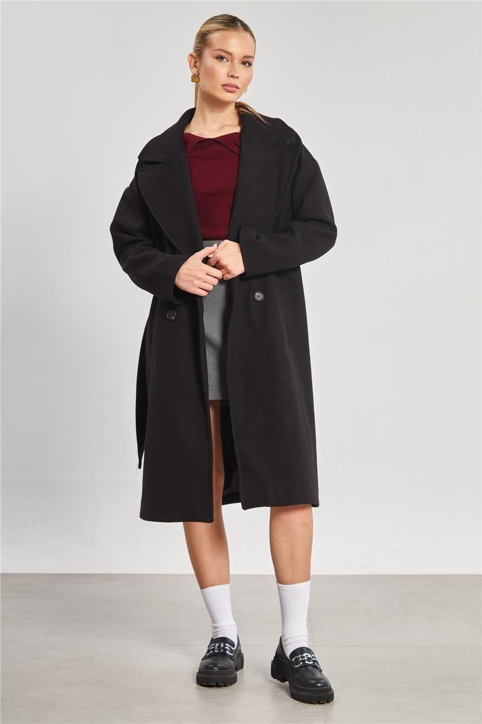 Çift düğmeli oversize kaşe kaban-2498 - Siyah