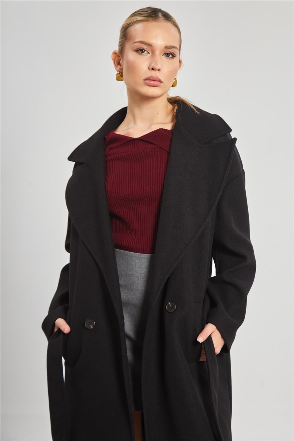 Çift düğmeli oversize kaşe kaban-2498 - Siyah