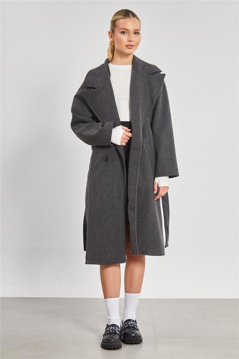 Çift düğmeli oversize kaşe kaban-2498 - Antrasit