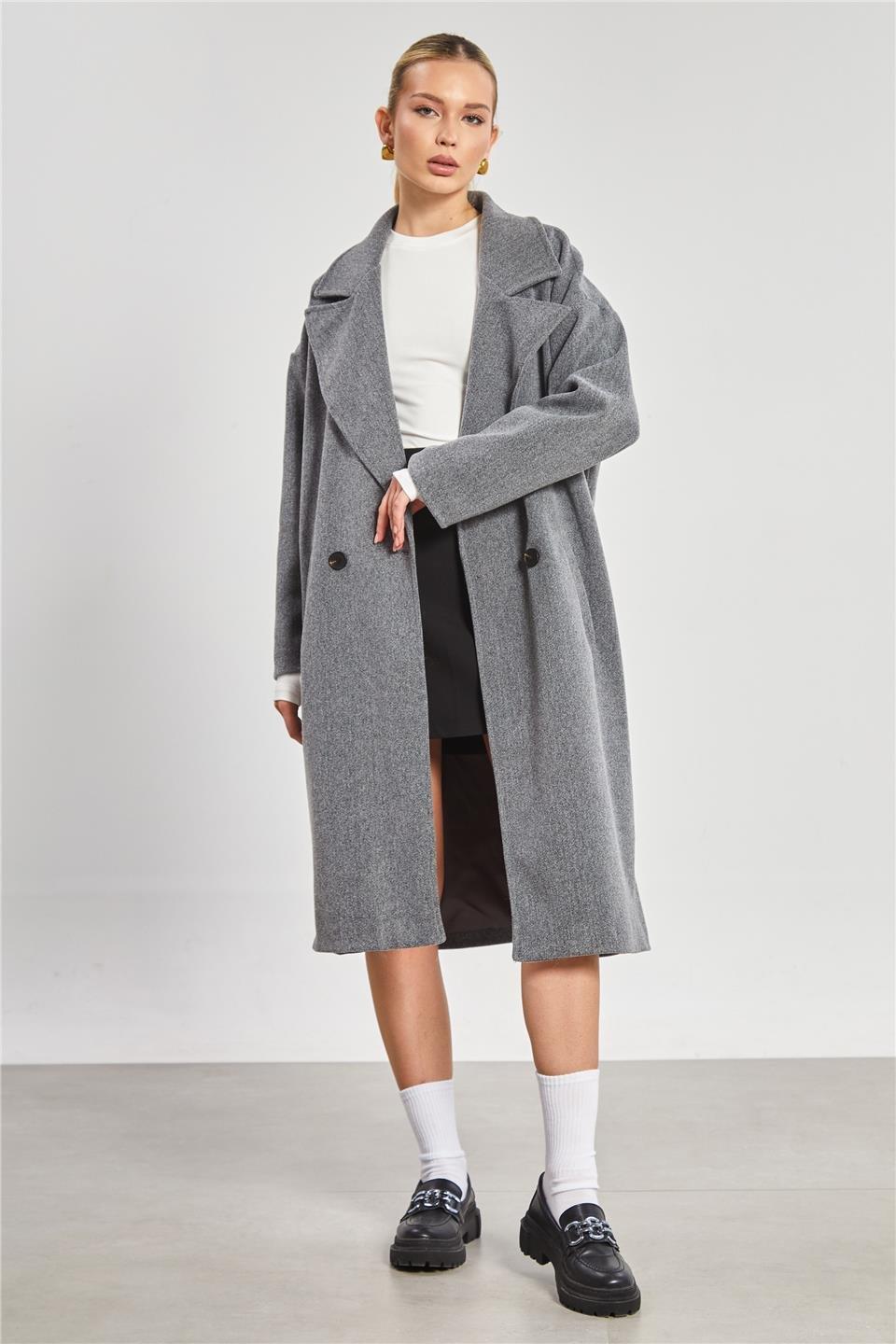 Çift düğmeli oversize kaşe kaban-2498 - Gri