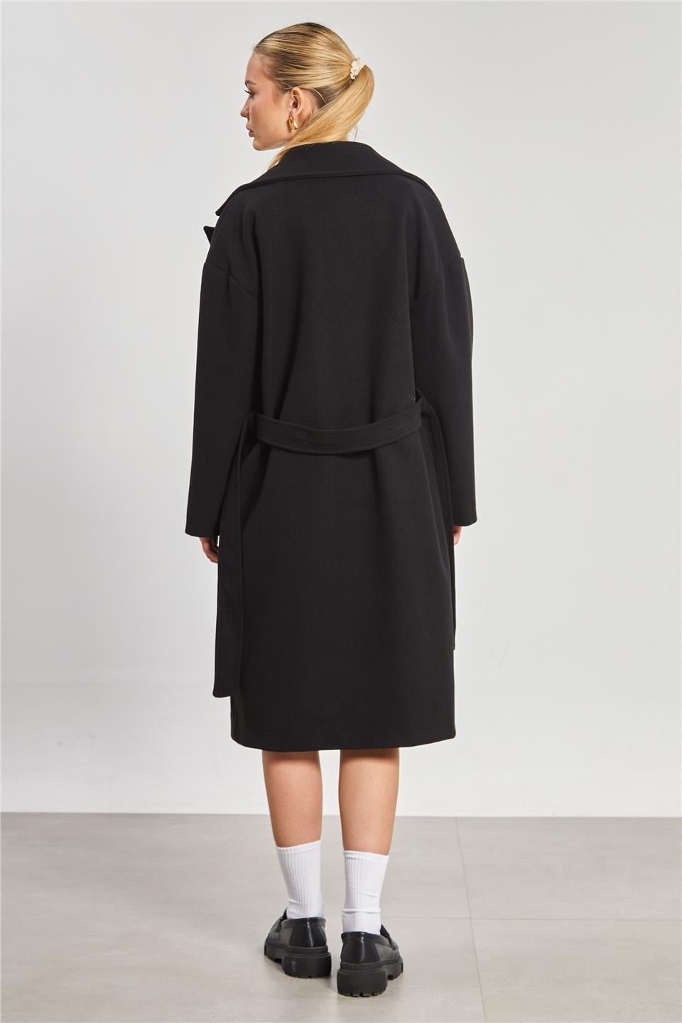 Çift düğmeli oversize kaşe kaban-2498 - Siyah