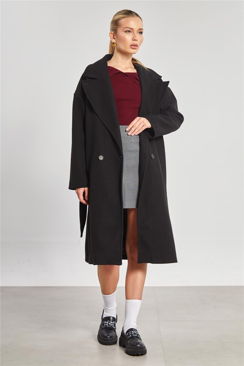 Çift düğmeli oversize kaşe kaban-2498 - Siyah