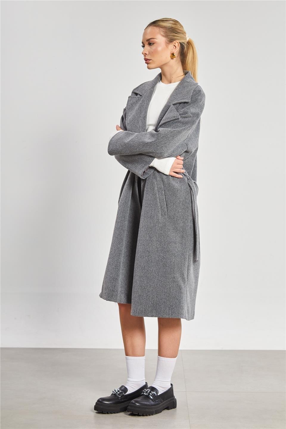 Çift düğmeli oversize kaşe kaban-2498 - Gri