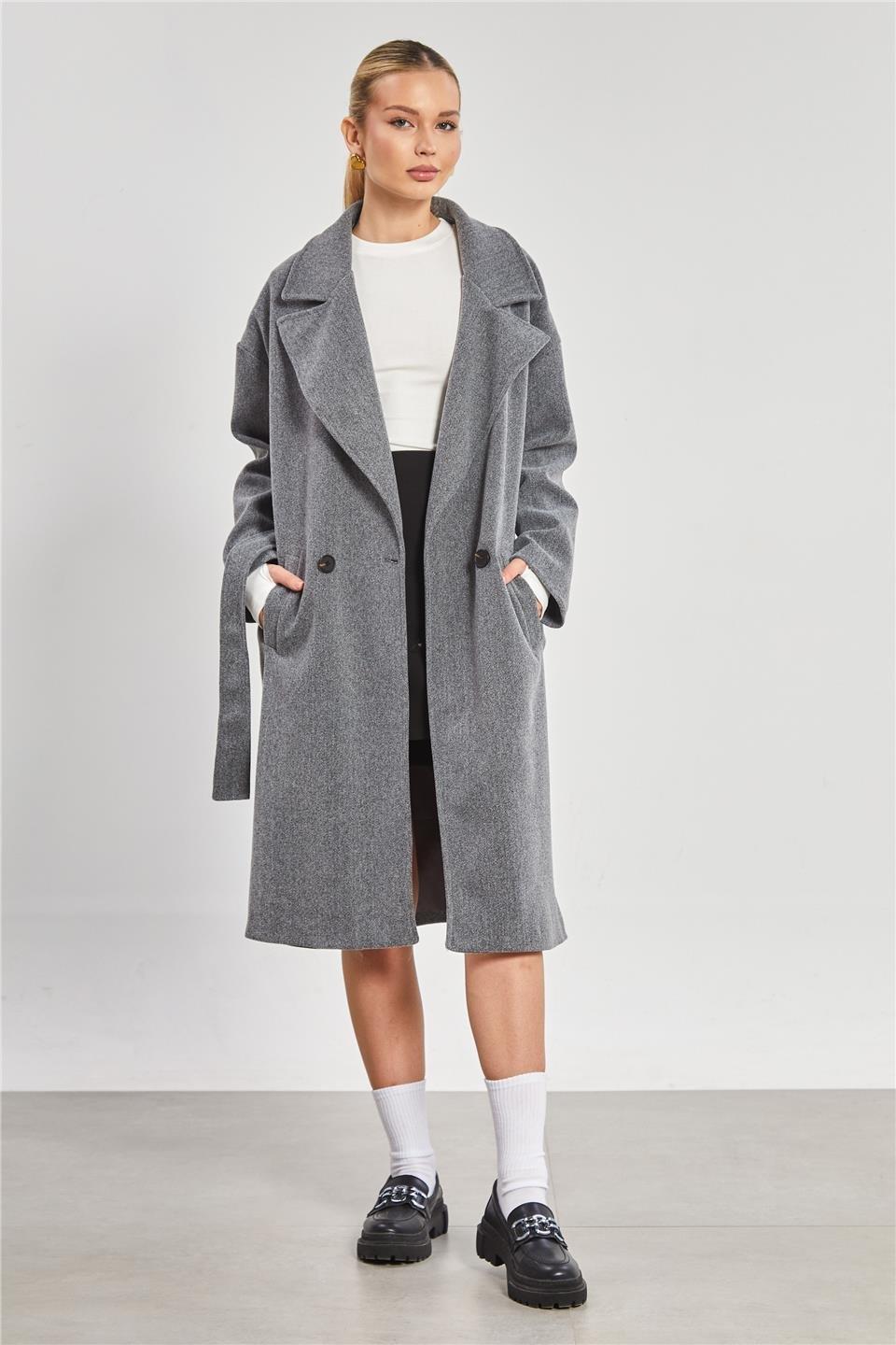 Çift düğmeli oversize kaşe kaban-2498 - Gri