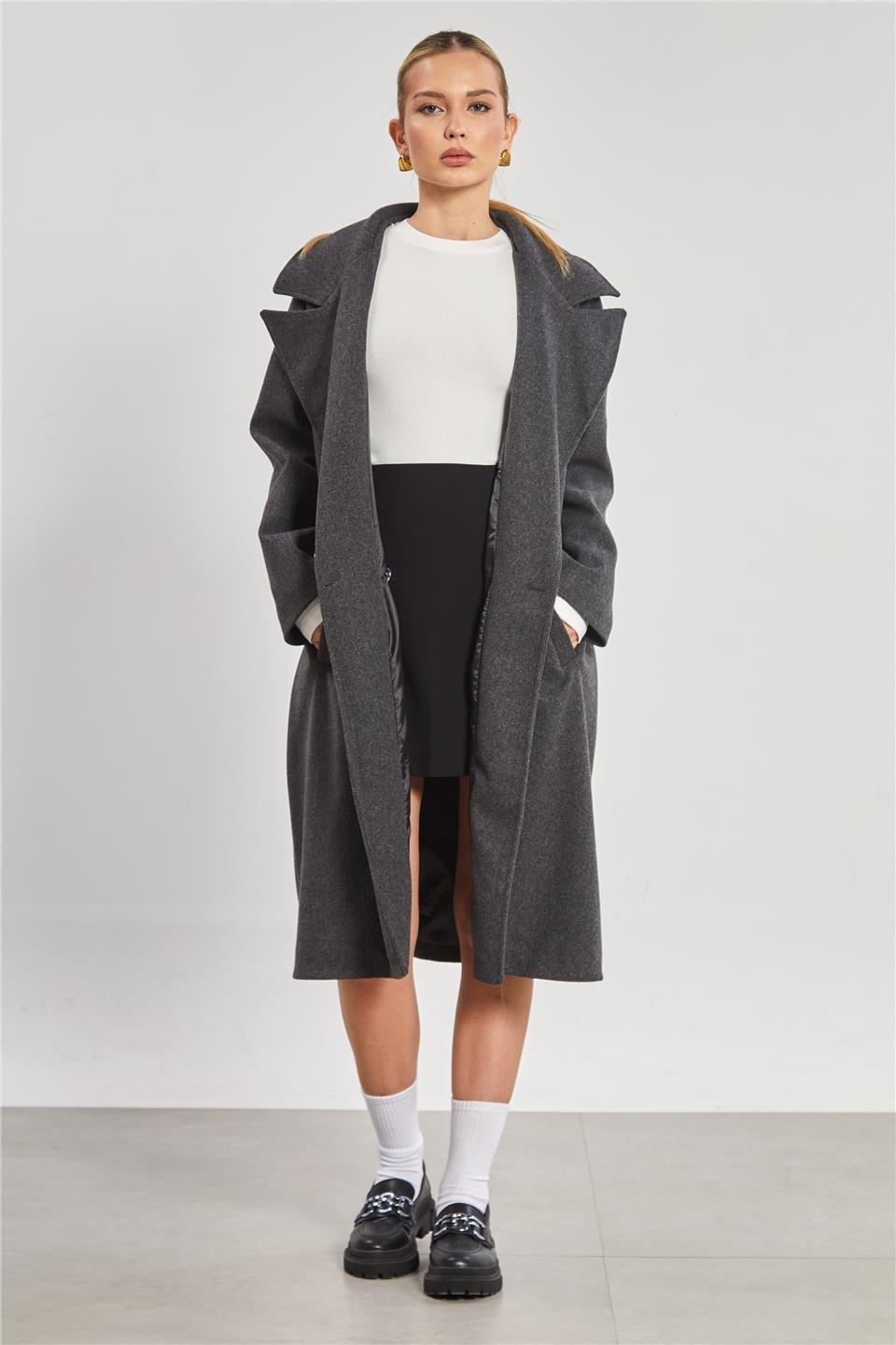 Çift düğmeli oversize kaşe kaban-2498 - Antrasit