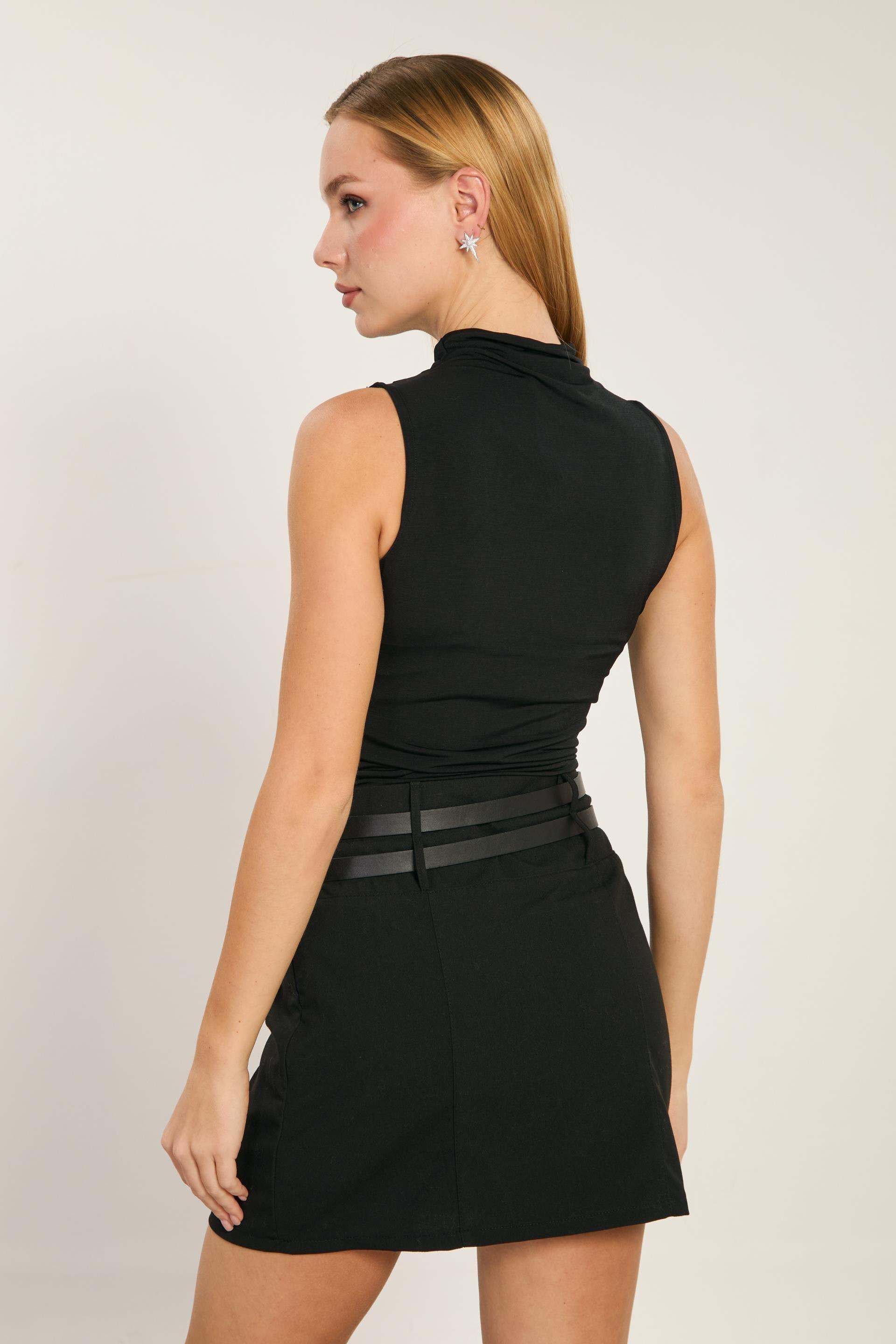 Çift kemerli mini etek-8256 - Siyah