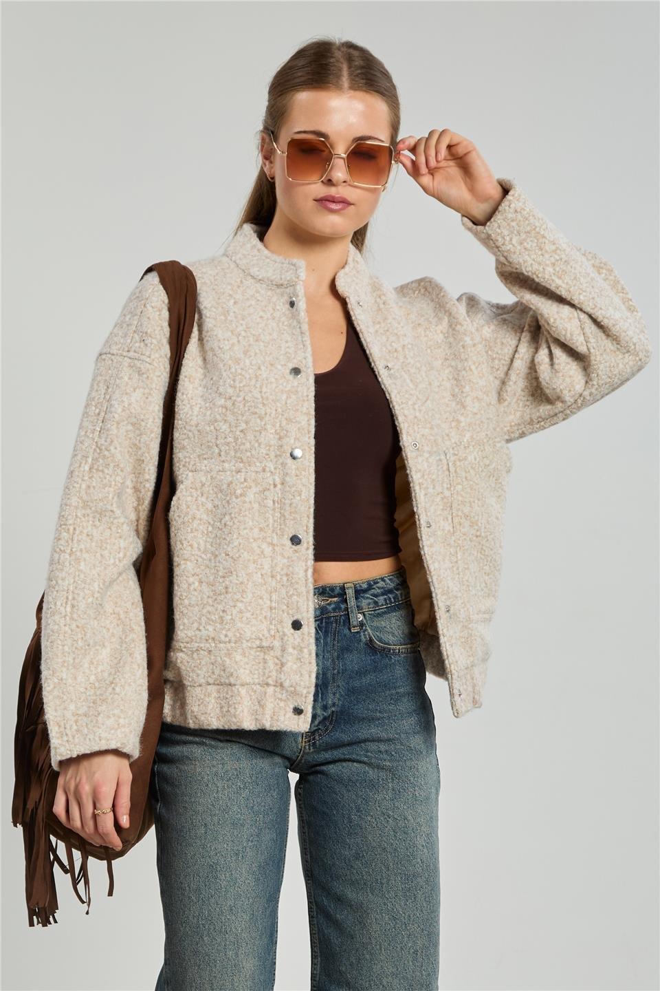 Çıtçıtlı bomber ceket-7420 - Taş