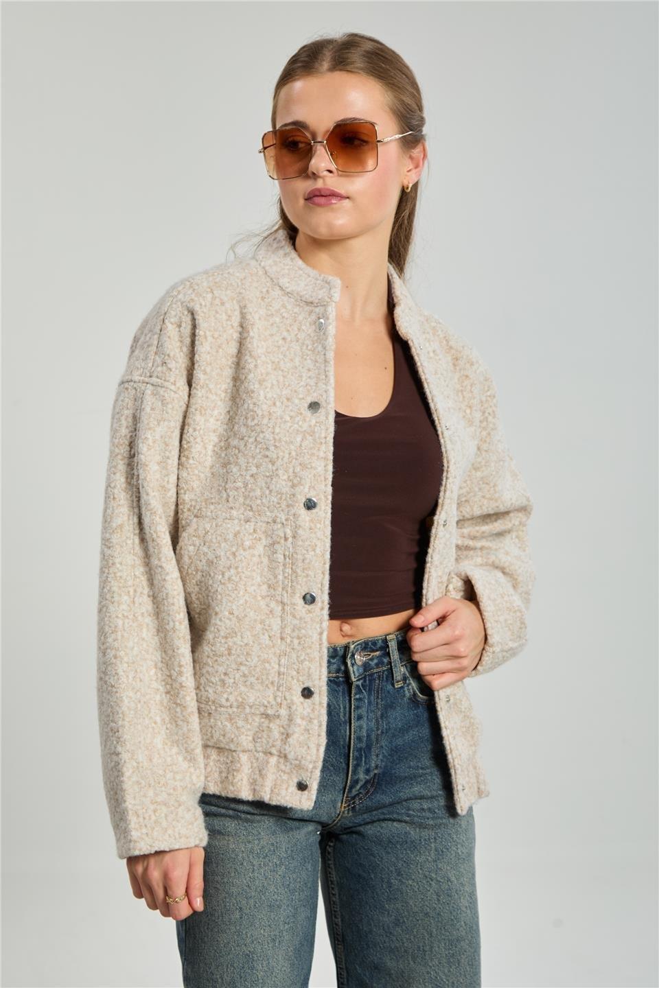 Çıtçıtlı bomber ceket-7420 - Taş