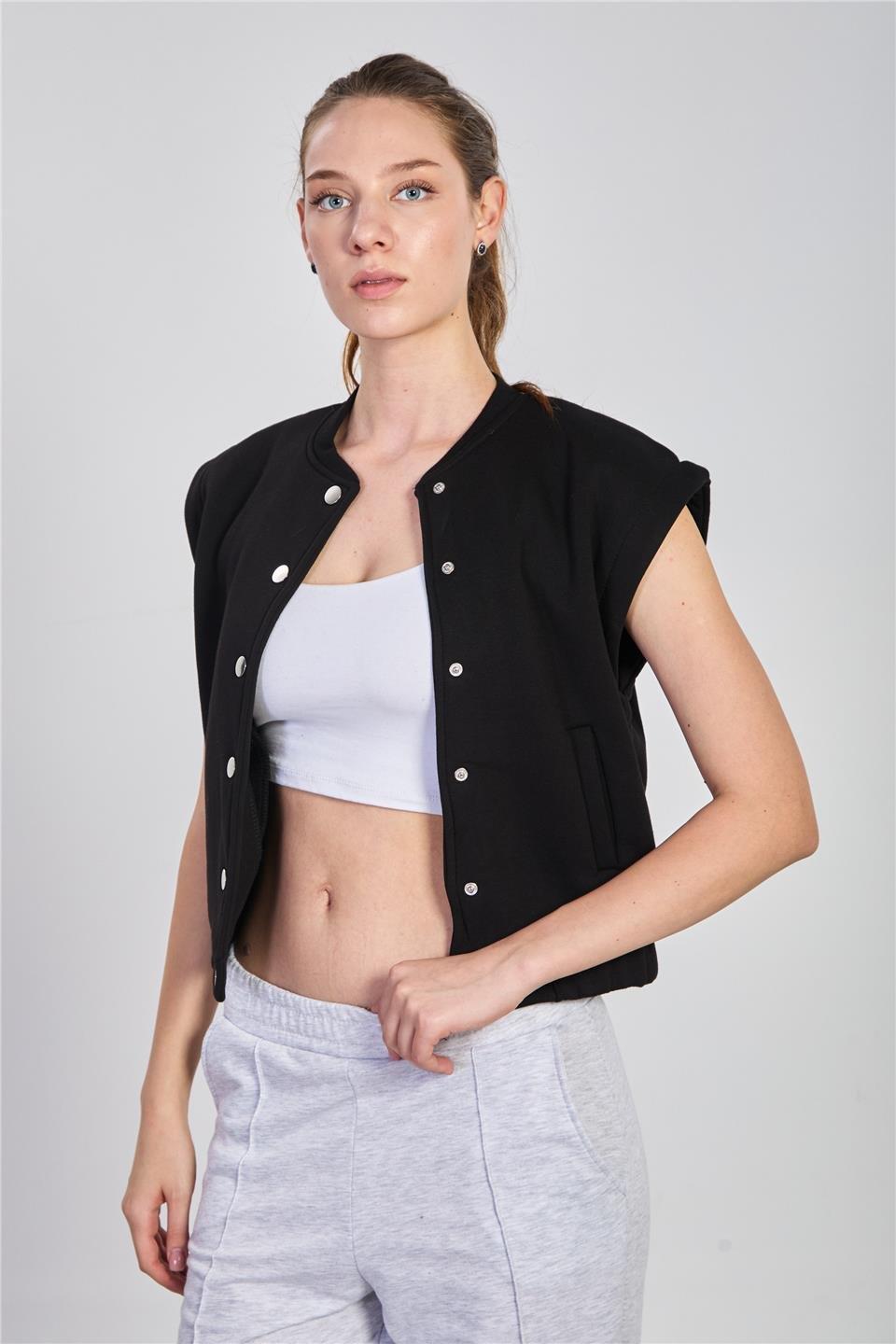 Çıtçıtlı sweat yelek-5688 - Siyah