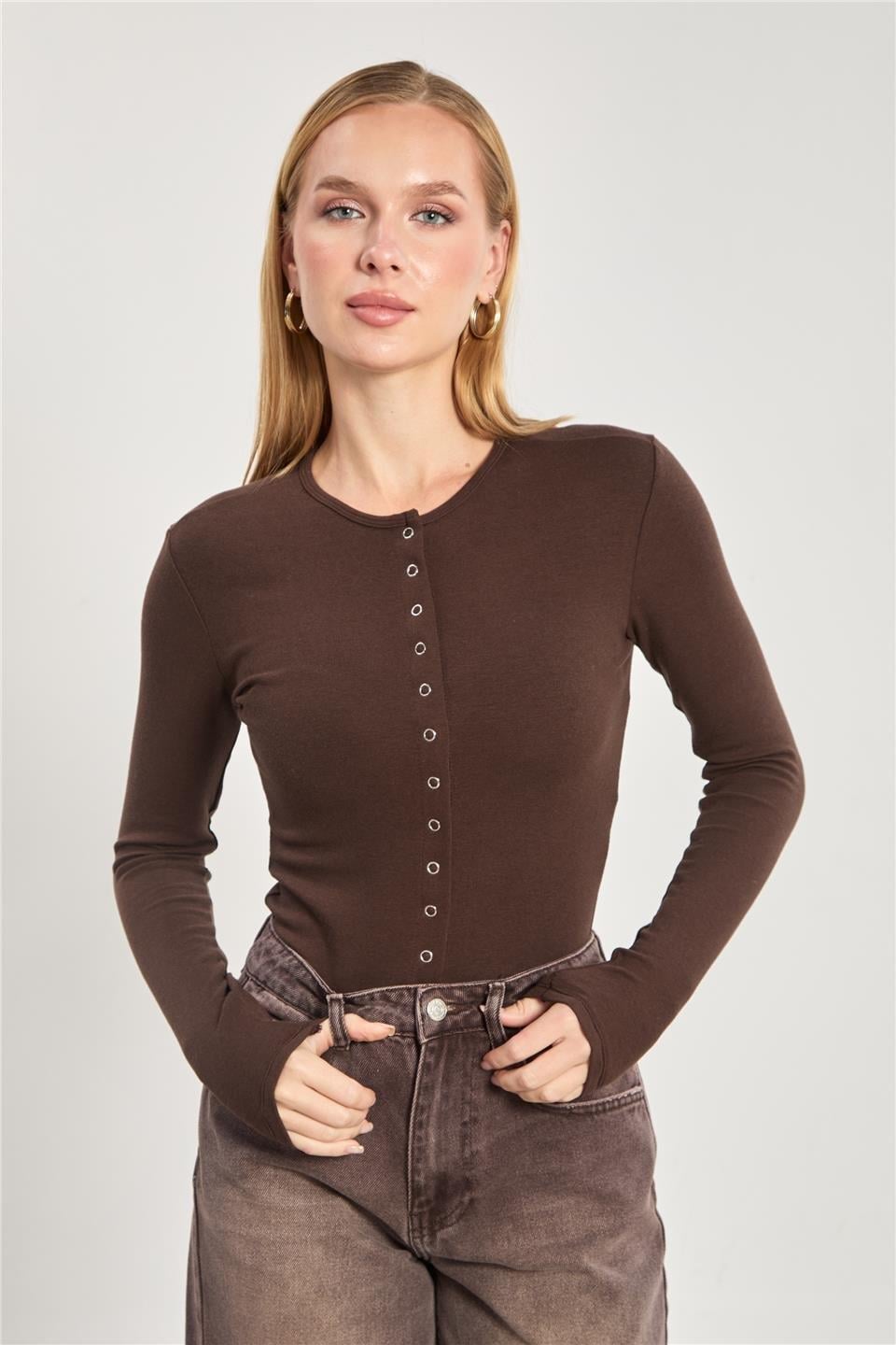 Çıtçıtlı uzun kol body-4460 - Acı Kahve