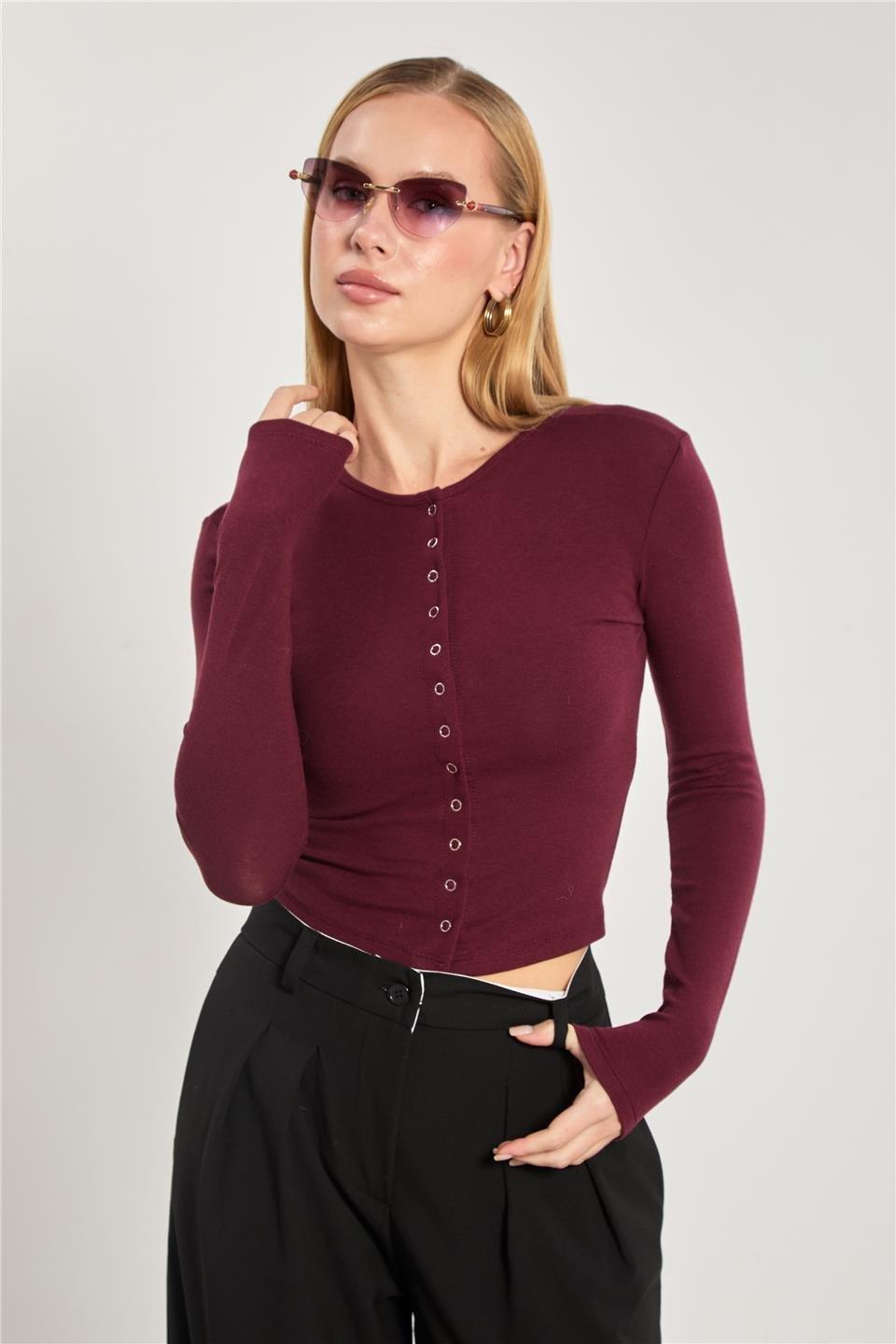 Çıtçıtlı uzun kol body-4460 - Bordo