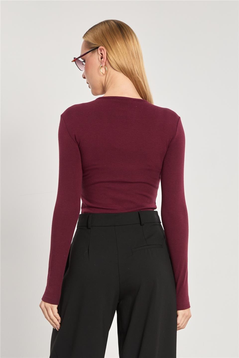 Çıtçıtlı uzun kol body-4460 - Bordo