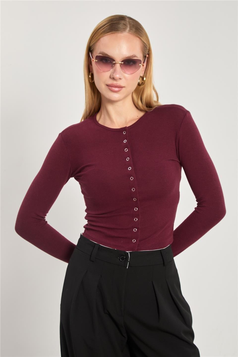 Çıtçıtlı uzun kol body-4460 - Bordo
