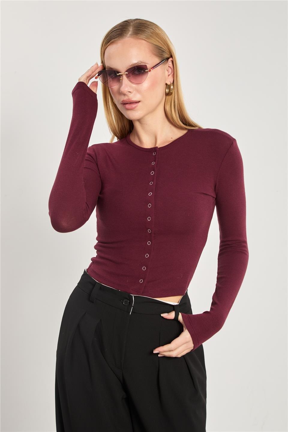 Çıtçıtlı uzun kol body-4460 - Bordo