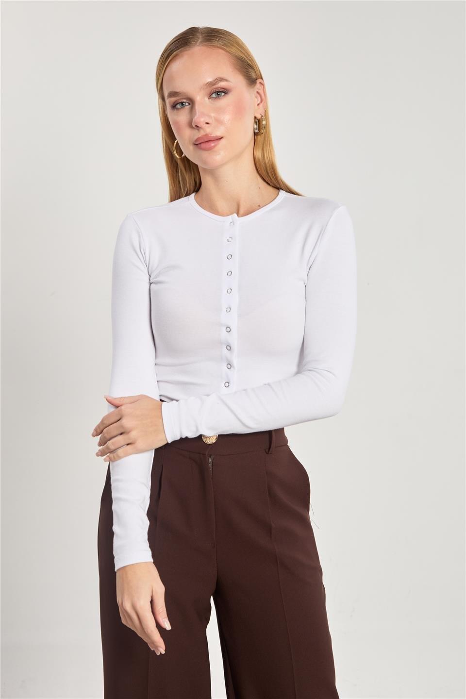 Çıtçıtlı uzun kol body-4460 - Ekru