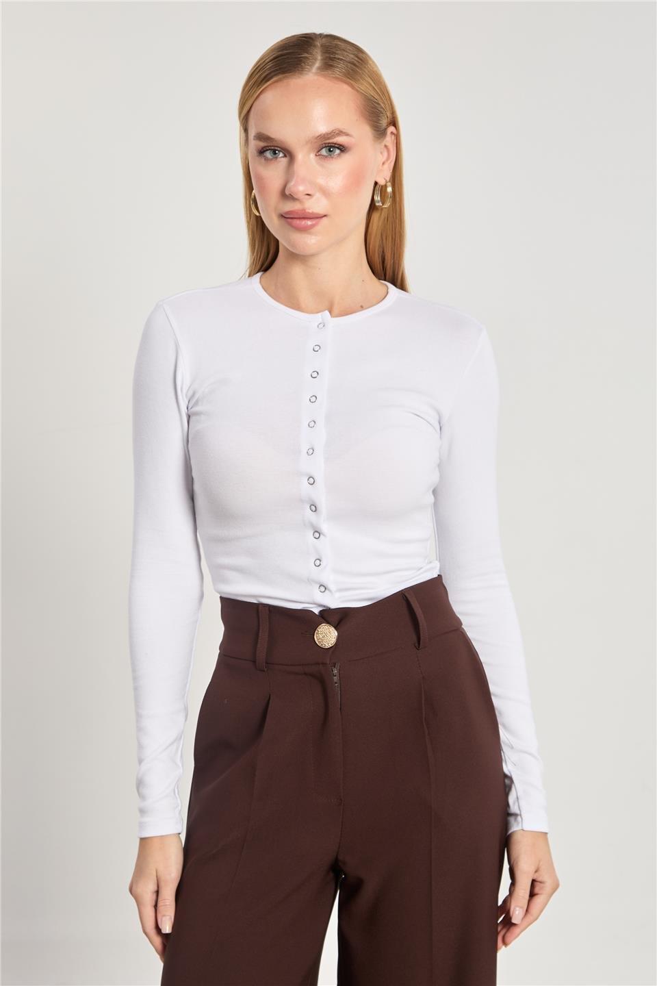Çıtçıtlı uzun kol body-4460 - Ekru