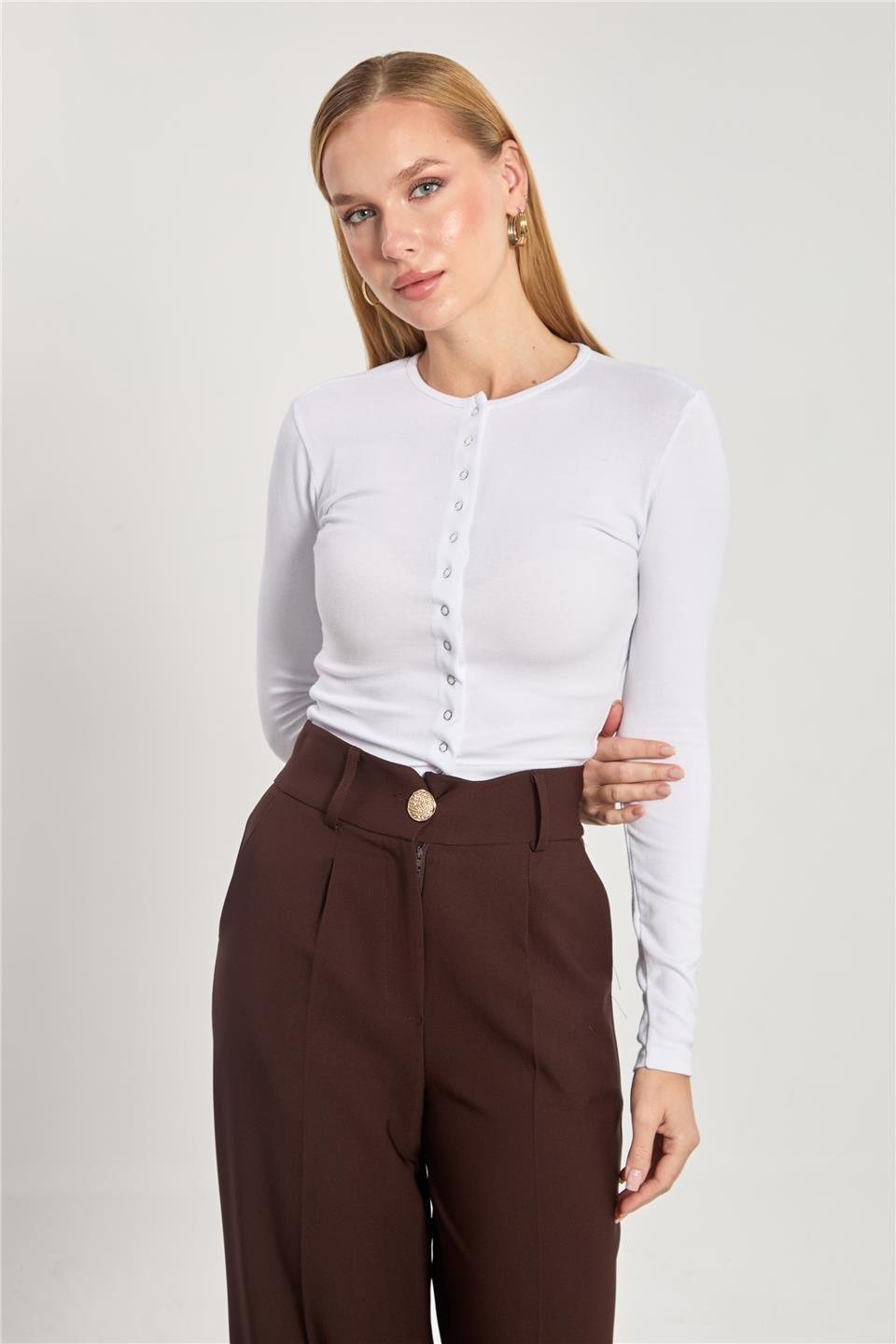 Çıtçıtlı uzun kol body-4460 - Ekru
