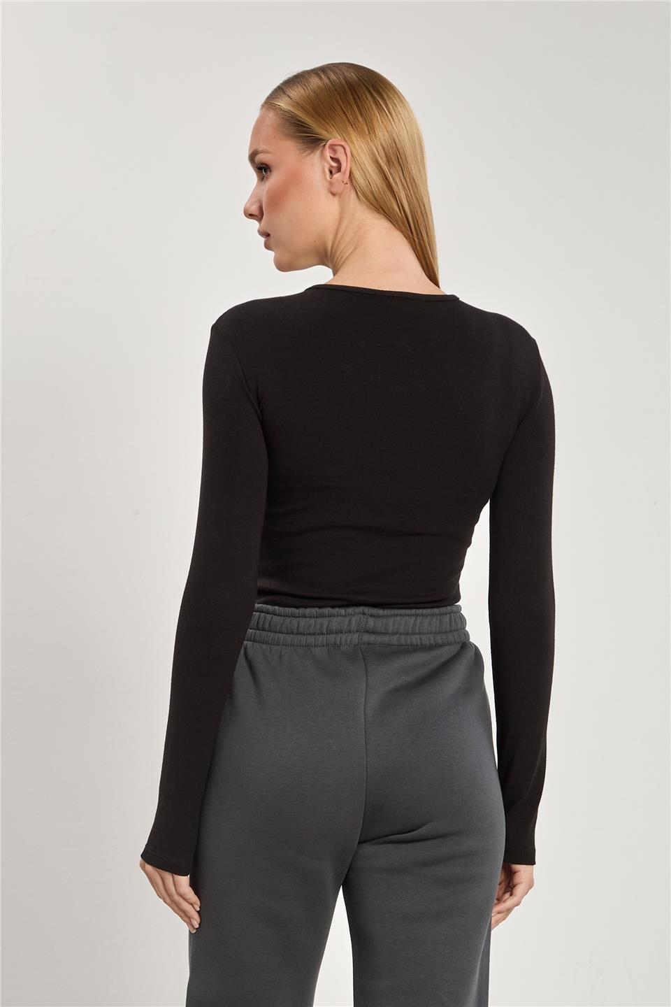 Çıtçıtlı uzun kol body-4460 - Siyah