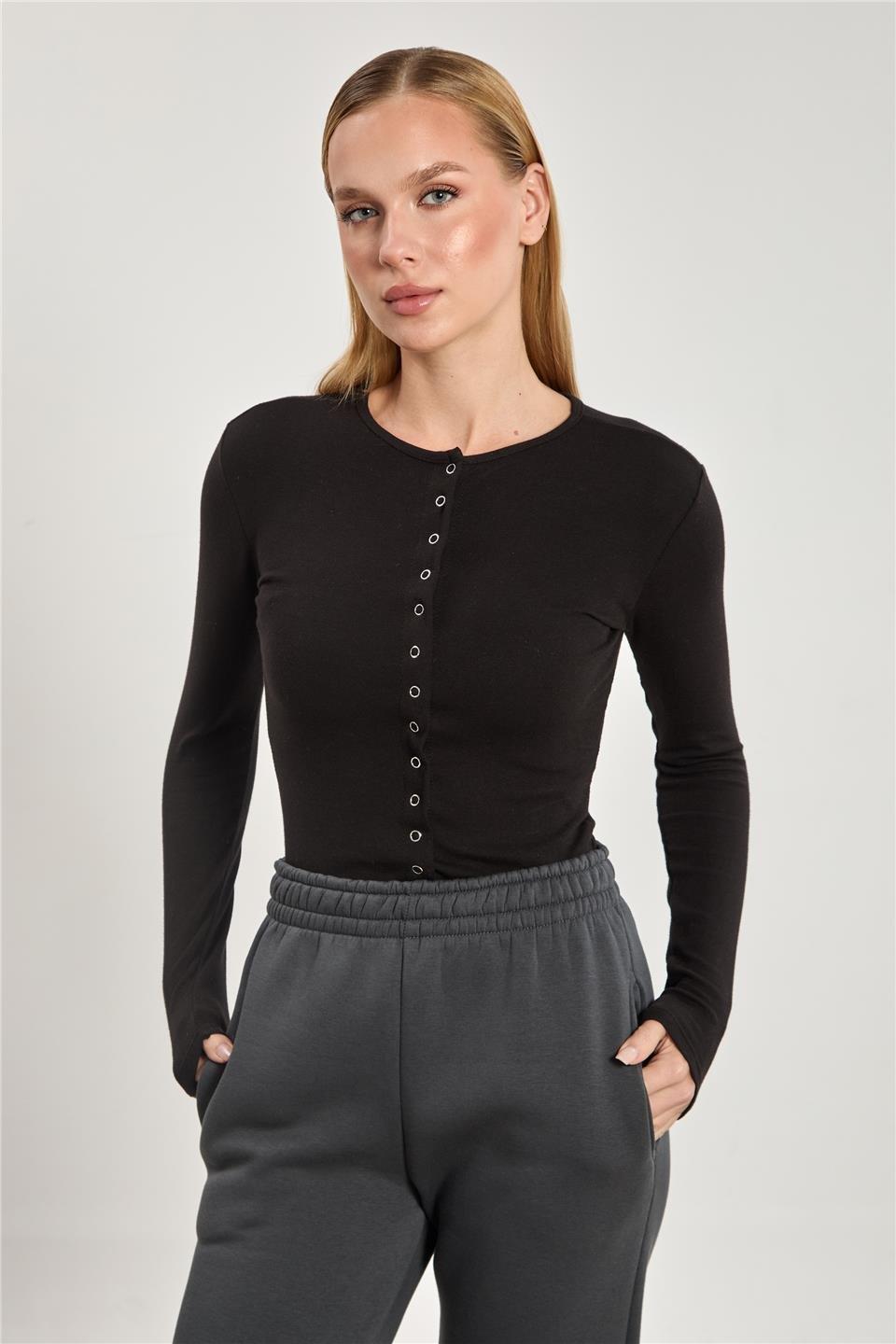 Çıtçıtlı uzun kol body-4460 - Siyah