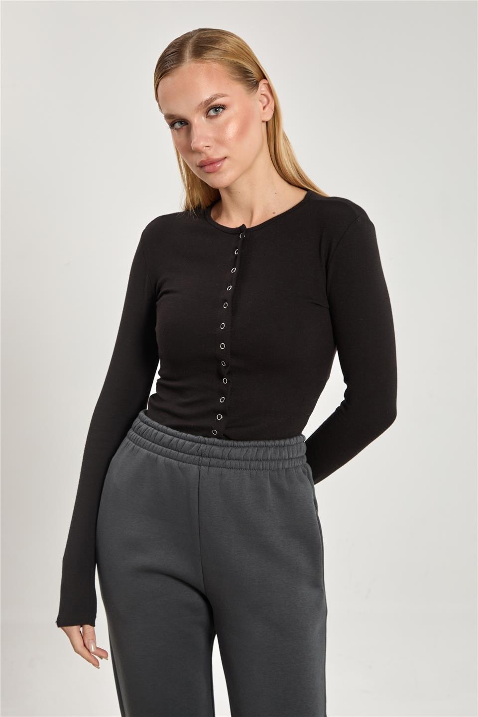 Çıtçıtlı uzun kol body-4460 - Siyah
