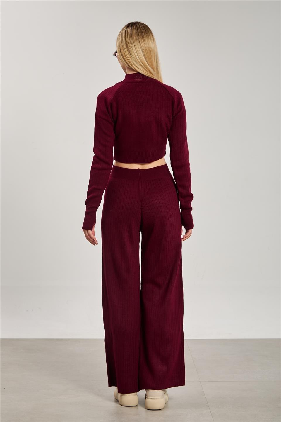 Crop kazak pantolon ikili takım-6478 - Bordo