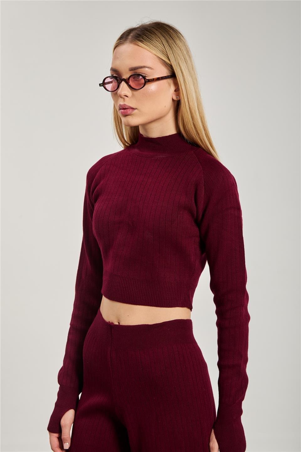 Crop kazak pantolon ikili takım-6478 - Bordo