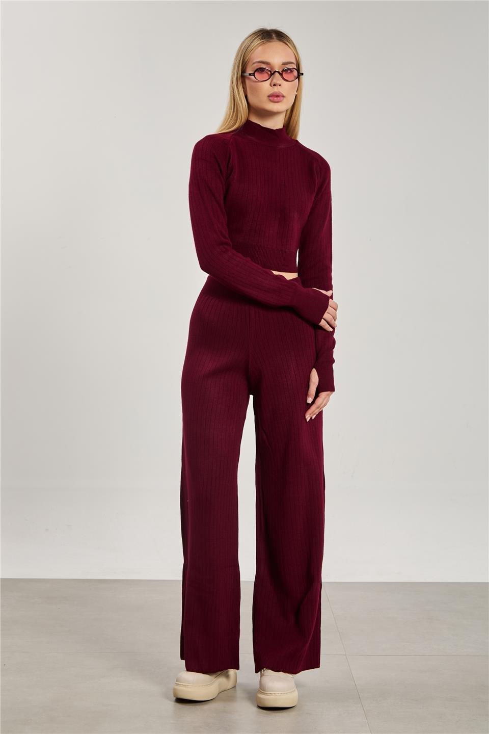 Crop kazak pantolon ikili takım-6478 - Bordo